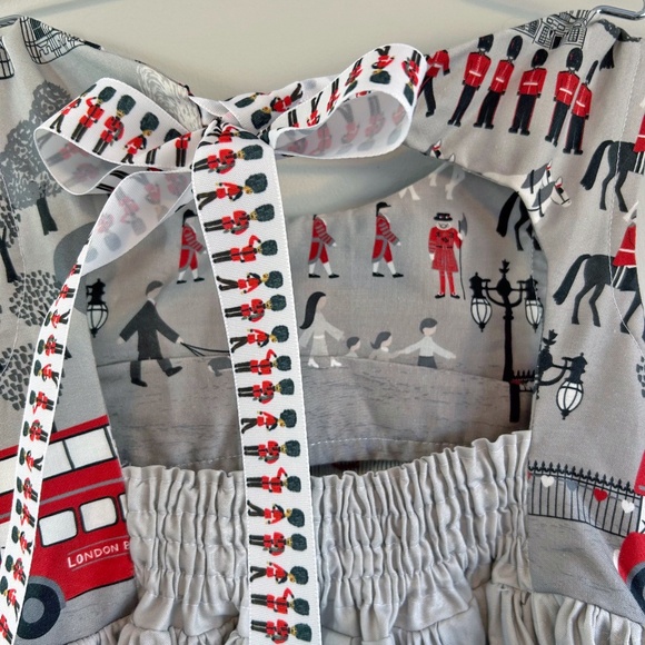 Handmade one of a kind girl's smocked dress, London Print - Picture 6 of 12